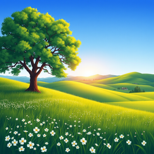 Create a vibrant landscape illustration featuring a large green tree on the left, lush grass with white flowers in the foreground, rolling hills in the background, a clear blue sky, captured with a wide-angle lens, f/8 aperture, ISO 100, at sunrise to enhance colors and depth.