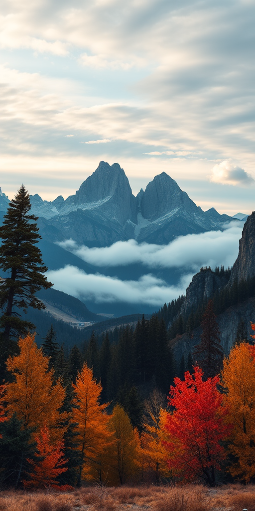 Create a serene landscape featuring majestic jagged mountains in the background, with a misty valley below and vibrant autumn trees in the foreground, captured with a Canon EOS R5, 24mm lens, f/8 aperture, ISO 100, using a wide-angle view for depth and clarity.