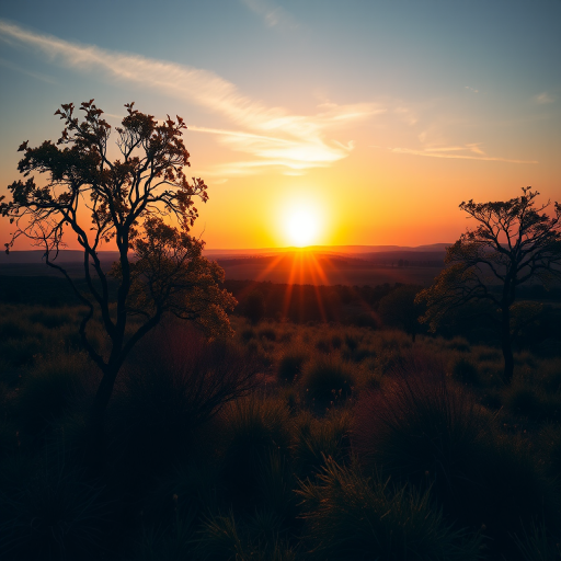 Create a high-resolution image of a serene landscape at sunrise with warm golden hues illuminating the scene, captured with a 50mm lens, aperture f/1.8 for shallow depth of field, ISO 100 for minimal noise, HDR mode enabled for enhanced detail, using a DSLR camera for superior quality.