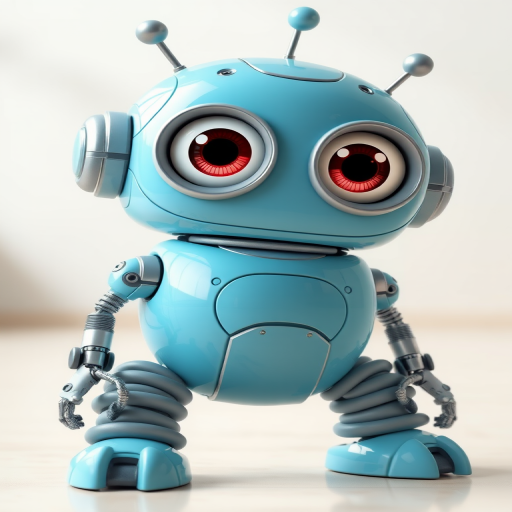 Create a digital illustration of a cartoon robot with a glossy light blue body, large expressive eyes, flexible rubbery gray springs for legs, and metallic arms, captured with a Canon EOS R5, 50mm lens, f/2.8 aperture, ISO 100, in a bright and airy studio environment with soft lighting to enhance details and colors.