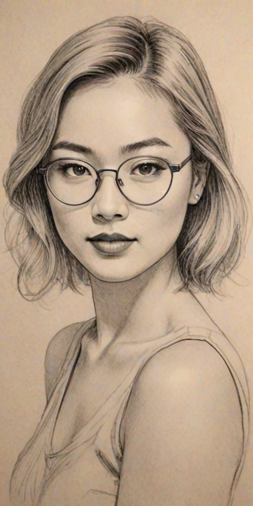 Attractive Greta Lee, pencil sketch, portrait of Enticing woman 1931s in glasses, hair style beatnik, outline, clear lines, fine lines, 8k