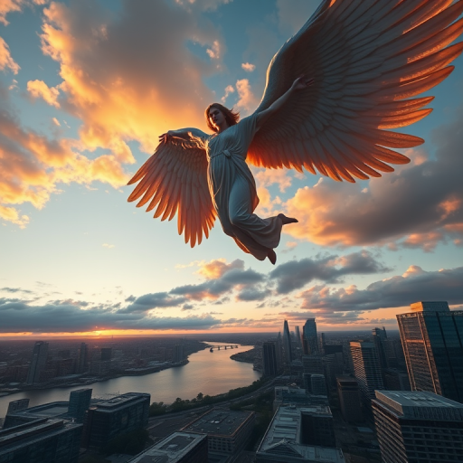 Create a hyper-realistic image of a giant angelic figure with expansive wings soaring over a modern cityscape at sunset, using a DSLR camera with a 24mm lens, f/8 aperture, ISO 100, and a wide-angle perspective to capture the skyline and river below.