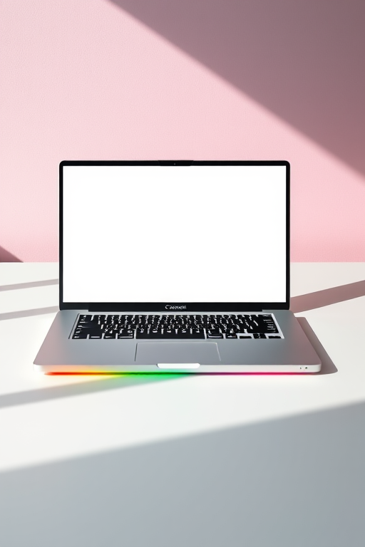 Create an image of a modern laptop with a blank screen, vibrant rainbow colors on the base, shot from a slight angle using a Canon EOS R5, 50mm lens, aperture f/2.8, ISO 100, with natural lighting to enhance clarity and detail.