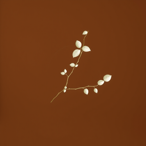 Create a minimalistic illustration of a brown abstract shape with a delicate white vine and leaves, captured with a DSLR camera at f/2.8, 50mm lens, natural light, and a shallow depth of field for enhanced detail and softness.