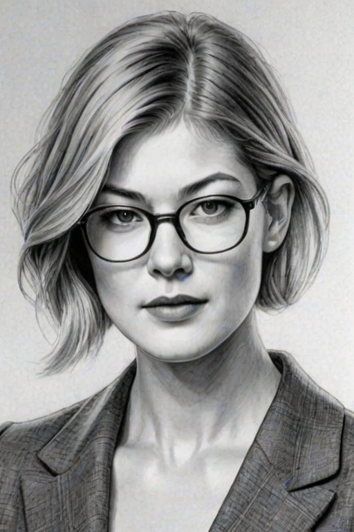 Elegant Rosamund Pike, pencil sketch, portrait of Stunning woman 1923s in glasses, hair style beatnik, outline, clear lines, fine lines, 8k