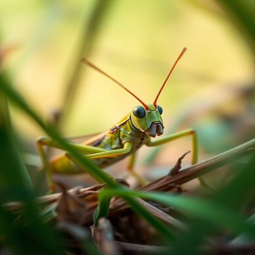 Create a highly detailed illustration of a grasshopper in a natural setting, using a DSLR camera at f/8 aperture, ISO 200, and a shutter speed of 1/250s, captured from a macro perspective with soft natural lighting.