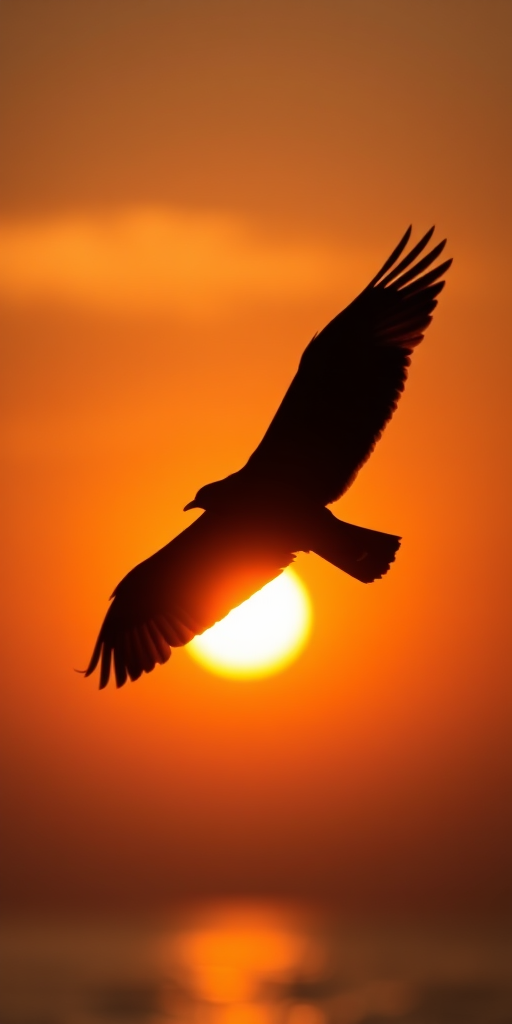Create a high-resolution image of a silhouette of a bird flying against a sunset, captured with a Canon EOS 5D Mark IV, 50mm lens at f/8, ISO 100, shutter speed 1/250s, in a wide-angle view with a warm color palette.