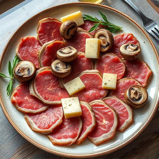 Regenerate a high-resolution image of a plate of marbled meat slices arranged artistically with sliced mushrooms and cheese, using a Canon EOS R5 camera with a 50mm lens, aperture f/2.8, ISO 100, and a shallow depth of field for a soft background blur, taken from a top-down perspective with natural lighting.