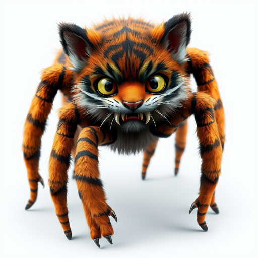 This charming yet frightening Spider Tiger features six legs, a hairy, furry body, and a cat-like tiger physique combined with an insectoid tiger head and tiger legs. The furry head further adds to the creature's unique appearance, creating a captivating blend of cuteness and fear that makes this six-legged, furry, insect-inspired tiger both adorable and scary.