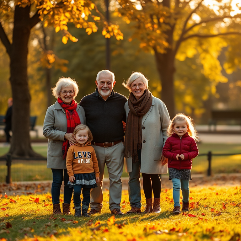 family portrait in a park during autumn with an elderly couple and their grandchildren, soft golden hour lighting, shallow depth of field, 50mm f/1.8 lens, ISO 200, aperture f/2.2, shutter speed 1/250 sec, taken with a DSLR camera, natural and warm tones