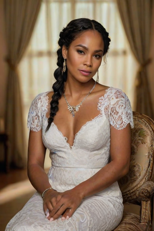 Create a portrait of a refined and elegant Torres Strait Islander woman seated in a sophisticated setting. She has long, wavy hair styled in two thick braids that are pulled over her shoulders. She wears a white, lace gown with intricate patterns, featuring a deep V-neckline and short sleeves. The dress exudes a vintage charm with its delicate lacework. She is adorned with ornate, dangling earrings that add a touch of glamour to her appearance. The background is softly lit, with warm, ambient lighting that creates a cozy and inviting atmosphere. Her expression is poised and serene, capturing a sense of grace and elegance.