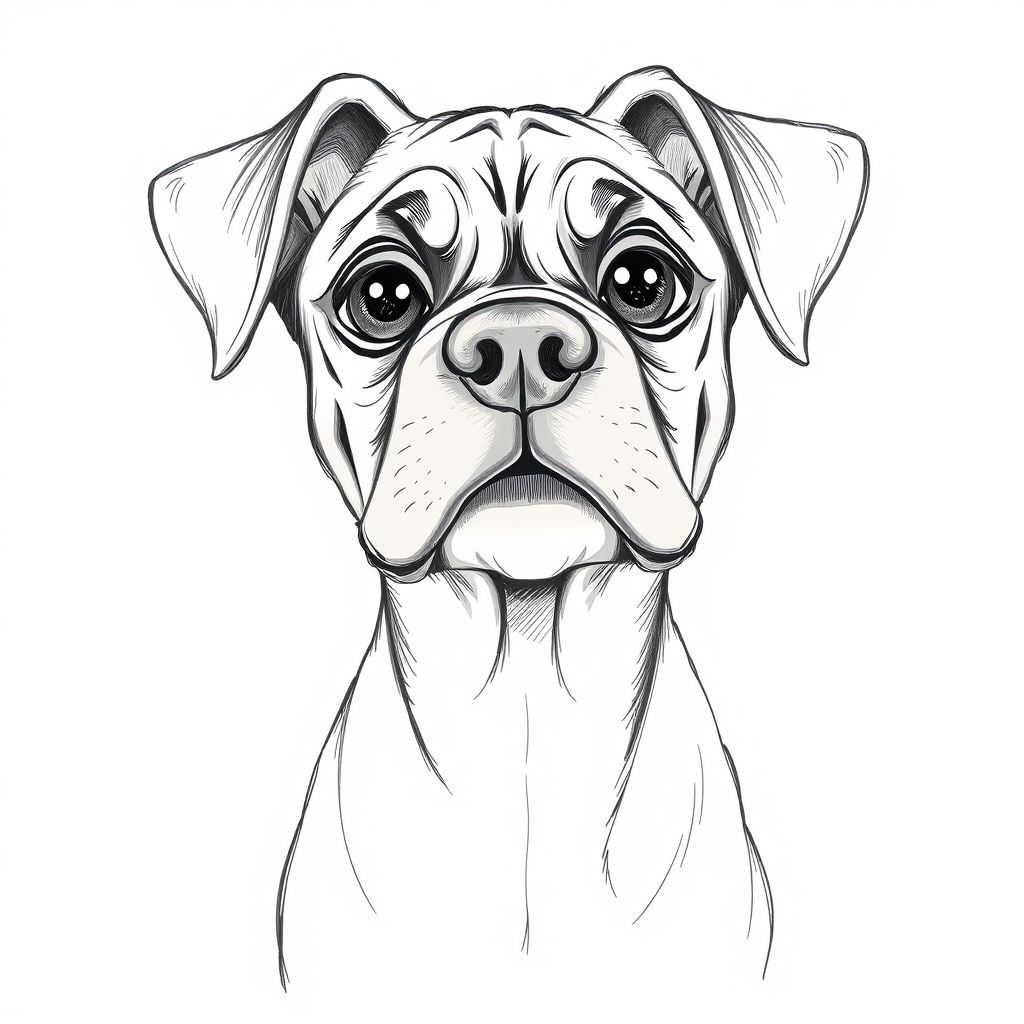 A doodle style pencil sketch illustration of a beautiful young Boxer dog, with large eyes and exaggerated facial features. White background