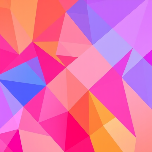 create an abstract geometric background with vibrant colors of orange, pink, blue, and purple, using a Canon EOS R5, 50mm lens, f/1.8 aperture, ISO 100, shot from a top-down view, with a focus on depth of field and contrast to enhance the image quality.