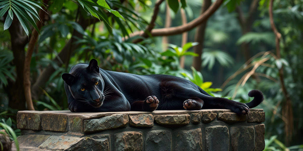 A black panther lounging on a stone ledge in a lush jungle environment with soft natural lighting, using a DSLR camera, 50mm lens, aperture f/2.8, ISO 100, and a shallow depth of field for enhanced image quality.