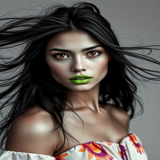 Photographic image of a beautiful young Aztec woman, orange eyes, lips with green lipstick, long hair fluttering in the wind and wearing a silk strapless dress with a soft purple and orange print. monochrome image with only color highlights in the iris of the eyes, lipstick and dress. Gray background.