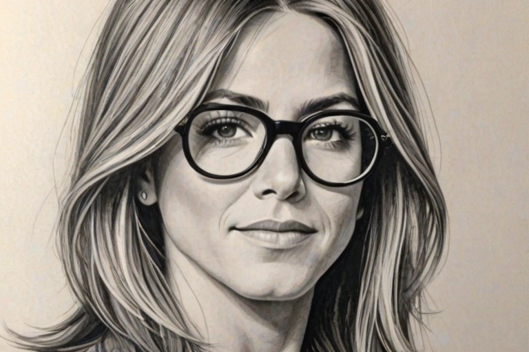 Sublime Jennifer Aniston, pencil sketch, portrait of Alluring woman 1970s in glasses, hair style beatnik, outline, clear lines, fine lines, 8k