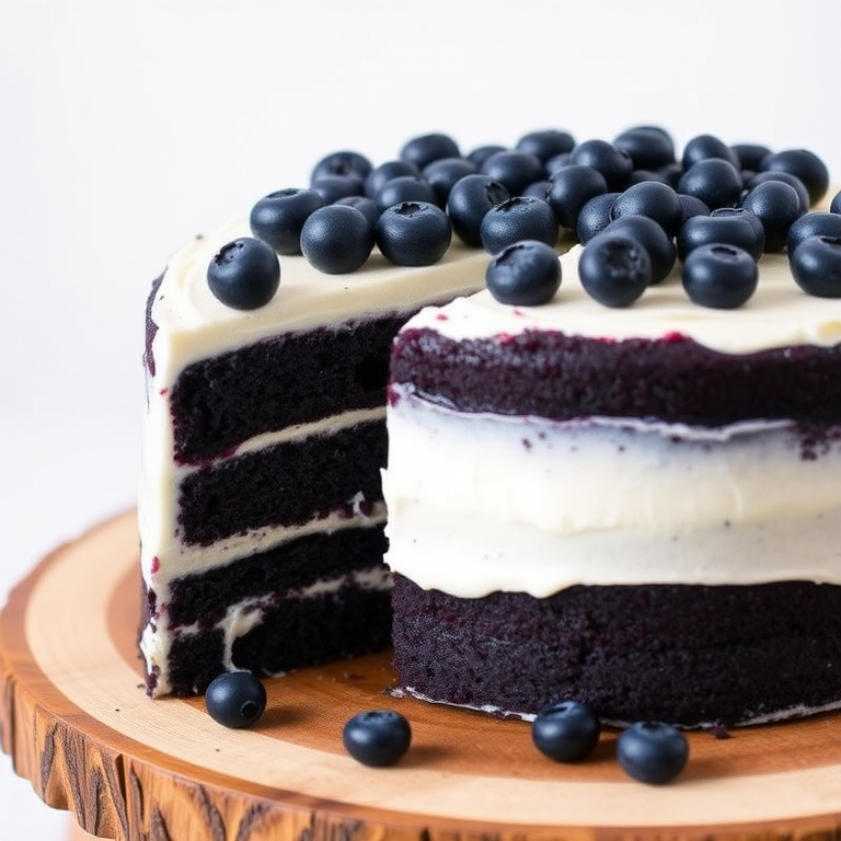 A beautifully layered cake with dark blue sponge cake and creamy frosting visible from the cut side, topped with fresh blueberries, placed on a wooden cake stand, with some berry filling oozing out slightly.