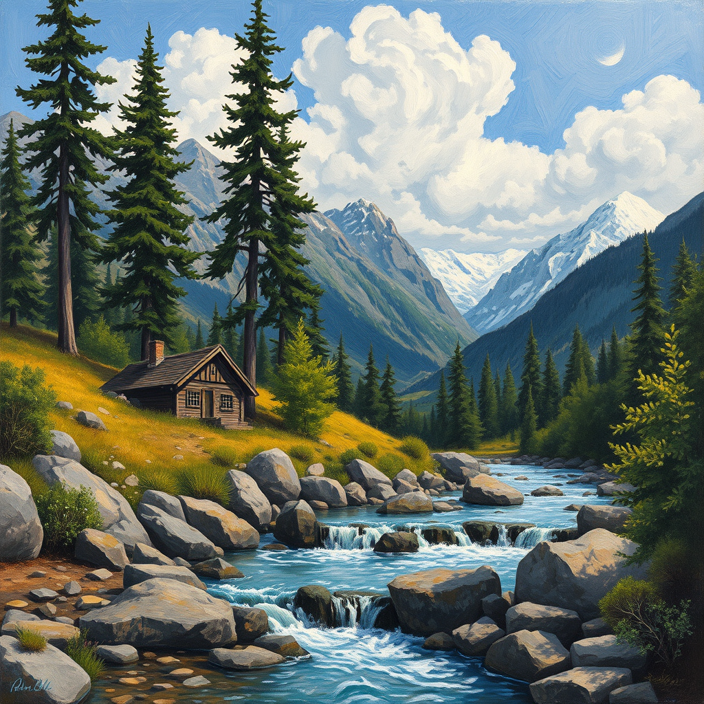 This Van Gogh-inspired painting depicts a peaceful scene of a small cabin located near a flowing river. The scene is surrounded by lush vegetation, including tall trees and rocky terrain. In the background, majestic mountains rise under a sky filled with rolling clouds. The river gently cascades over the rocks, adding a sense of movement and tranquility to the scene. The use of vibrant colors and detailed brushstrokes create a sense of depth and harmony in the natural setting.