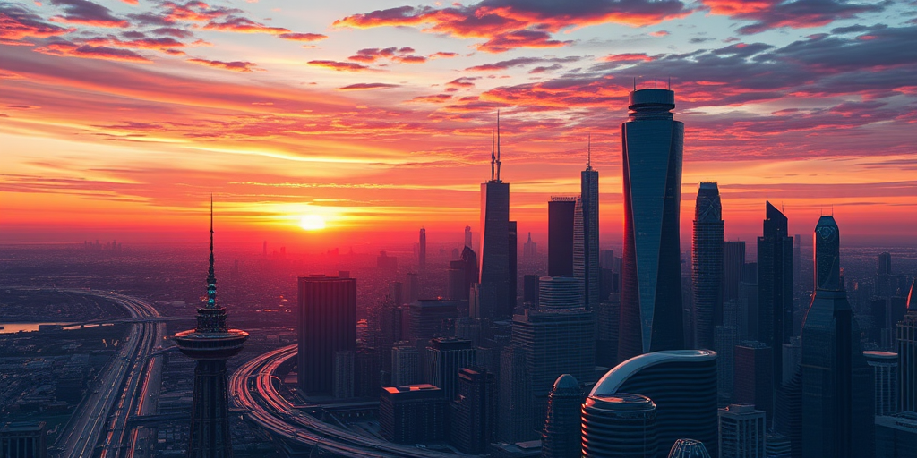 generate a detailed illustration of a futuristic city skyline at sunset with vibrant colors, using a DSLR camera with a 50mm lens, aperture f/1.8, ISO 100, and a wide-angle view for enhanced depth and clarity.