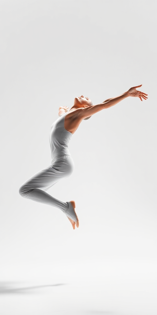Create a high-resolution digital rendering of a stylized, abstract, human figure in mid-leap, using a Canon EOS R5 camera with a 50mm f/1.2 lens, ISO 100, aperture f/8, and a soft, even lighting setup to enhance shadow details and textures, with a clean white background for contrast.