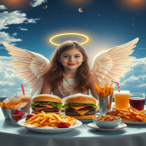 A dreamy scene of a girl with angel wings and a halo, sitting at a table filled with delicious burgers, fries, desserts, and drinks, against a bright sky filled with clouds and distant planets, captured with a Canon EOS R6, 50mm lens, f/1.8 aperture, ISO 100, soft focus background, vibrant colors, and high dynamic range.