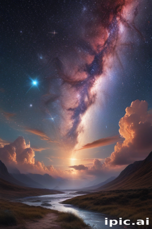 Stunning Cosmic Landscape Showcasing a Vibrant Galaxy Over a Serene River