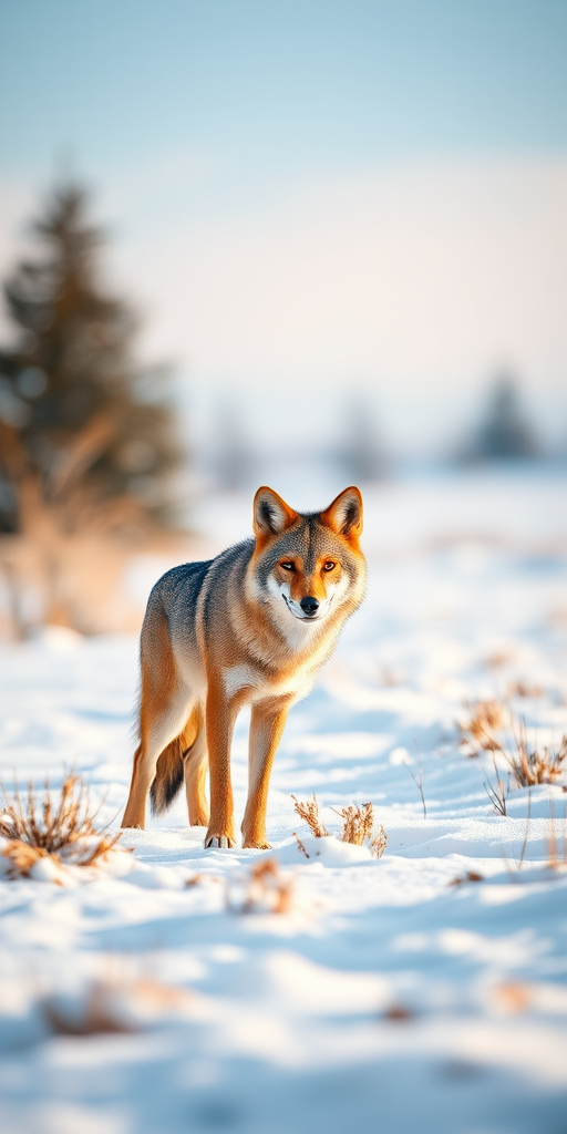 create an image of a coyote in a snowy landscape with soft natural lighting, shallow depth of field, 85mm lens at f/2.8, ISO 400, shutter speed 1/1000 sec, captured in a wildlife photography style using a DSLR camera