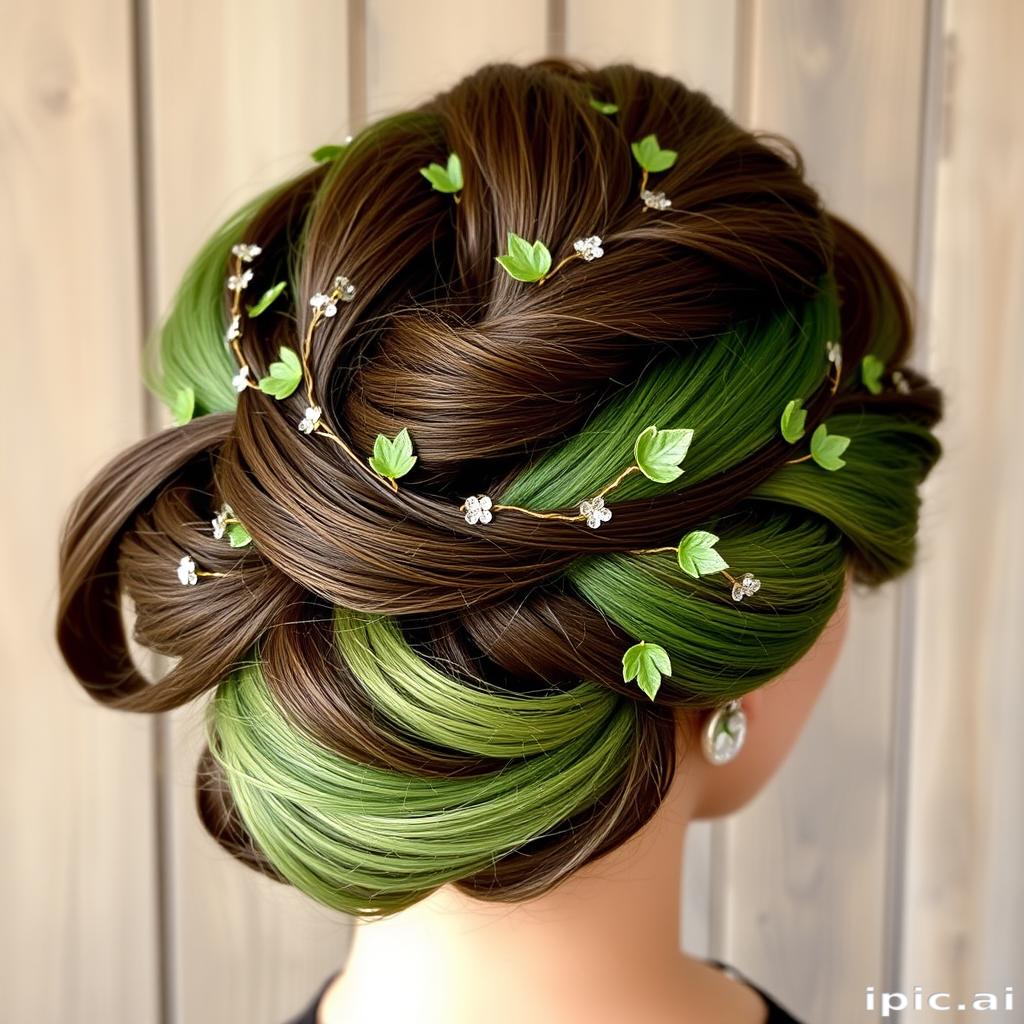 Enchanted Forest Twisted Updo incorporating various shades of green and brown, adorned with tiny leaf-shaped hair accessories and delicate vines woven throughout