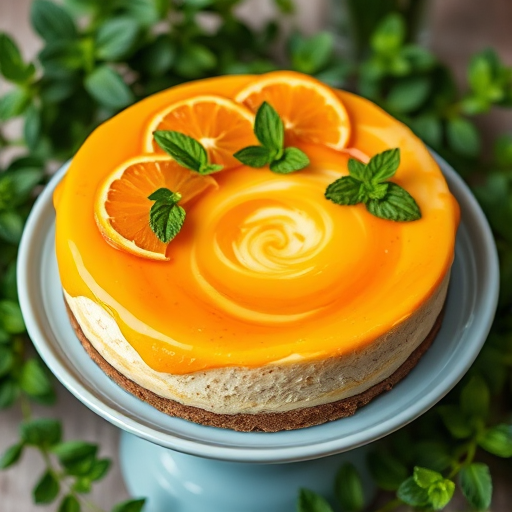 Create an image of a beautifully decorated cheesecake featuring a glossy orange glaze topped with caramelized orange slices and fresh mint leaves on a light blue plate. The cake has a graham cracker crust and a swirled marbled design on the surface, surrounded by greenery in the background.