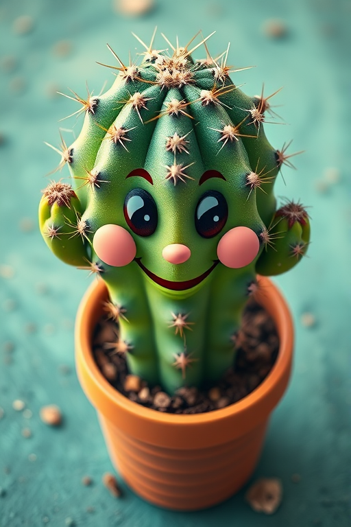 Generate a vibrant, cartoon-style image of a smiling cactus in a terracotta pot, using a DSLR camera, aperture f/2.8, shutter speed 1/60s, ISO 100, top-down view, natural lighting for better color saturation and detail enhancement.