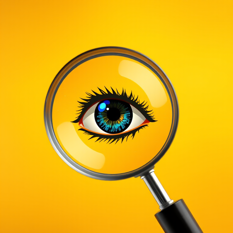 Create a highly detailed illustration of a magnifying glass with an eye in the lens, set against a vibrant yellow background, captured with a Canon EOS R5 at f/8, 1/200s, ISO 100, using a macro lens for sharp focus and enhanced colors.
