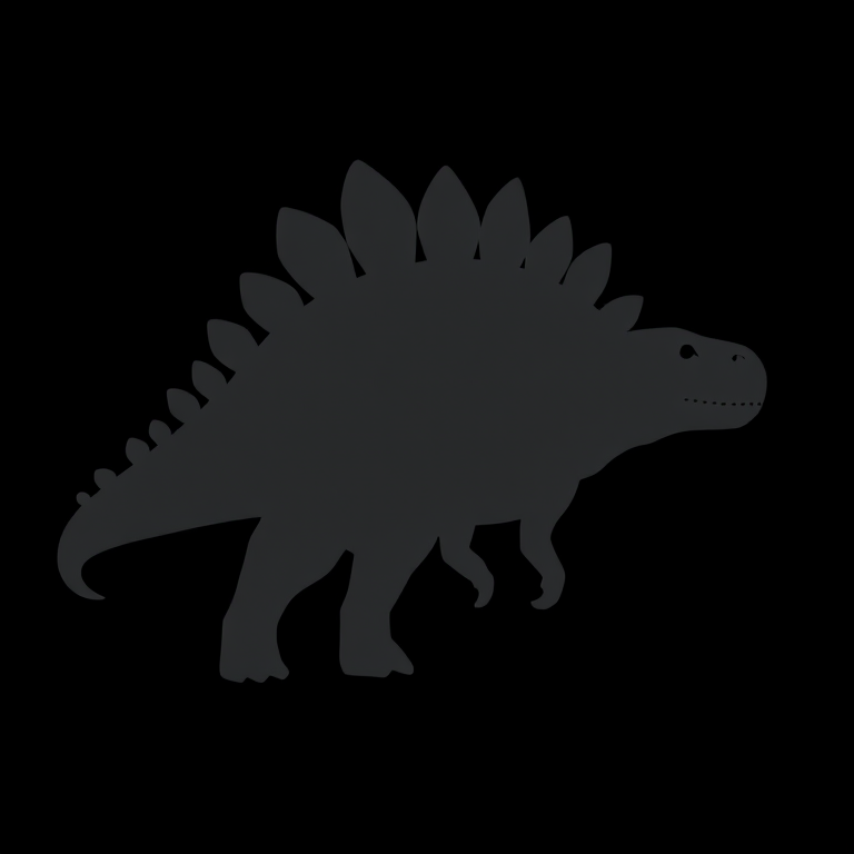Create a high-resolution image of a stylized gray stegosaurus silhouette on a solid black background, using a 50mm lens with an aperture of f/2.8, shot from a low angle, with a soft focus effect to enhance the details and depth of field.