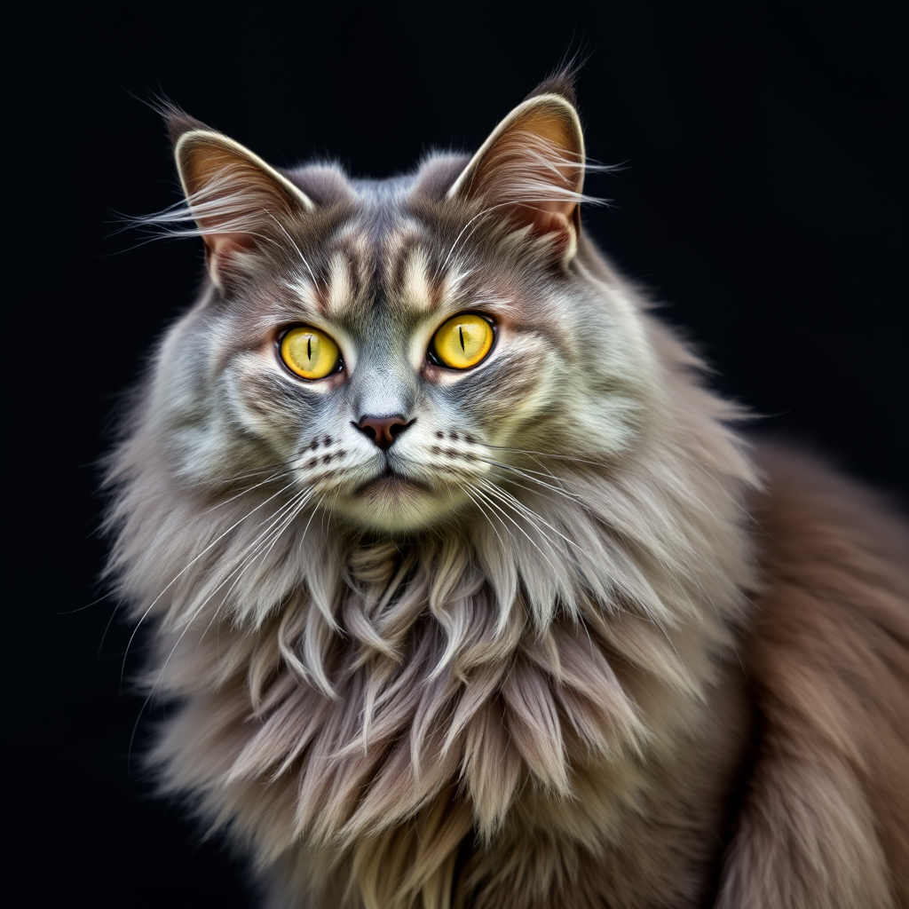 A majestic long-haired gray cat with striking yellow eyes, posed elegantly against a dark textured background, captured with a DSLR camera, aperture f/2.8, ISO 100, 85mm lens, soft natural lighting, portrait view.