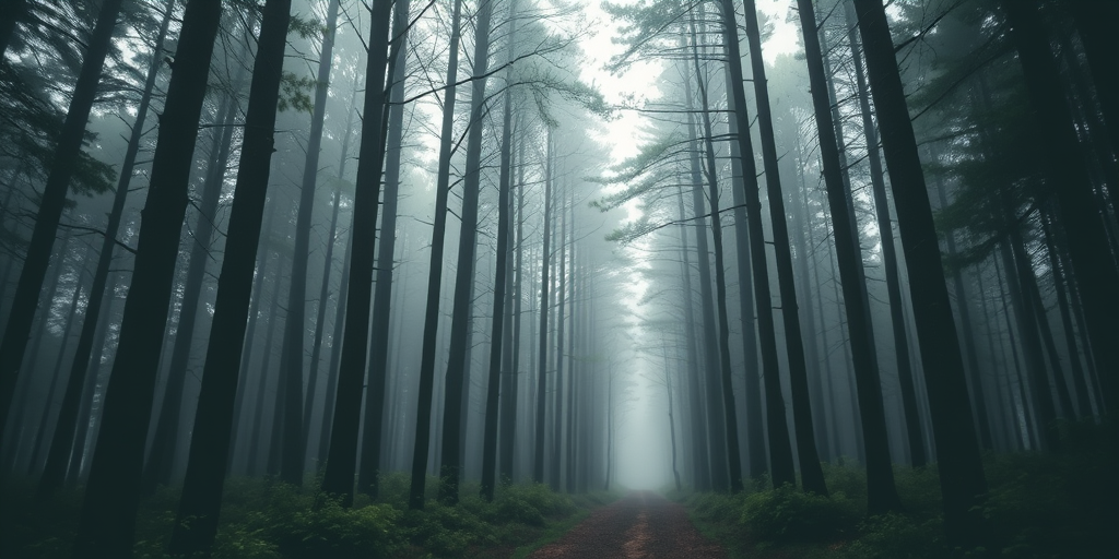 forest path through tall trees on a misty day, soft lighting, DSLR camera, 50mm lens, f/2.8, ISO 200, slight vignette for depth, taken from a low angle to emphasize the height of the trees