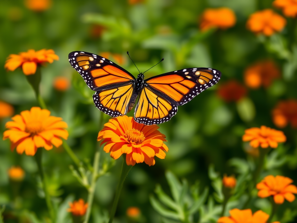 Generate an image of a Monarch butterfly resting on vibrant orange marigold flowers in a sunny garden setting with a blurred green background.