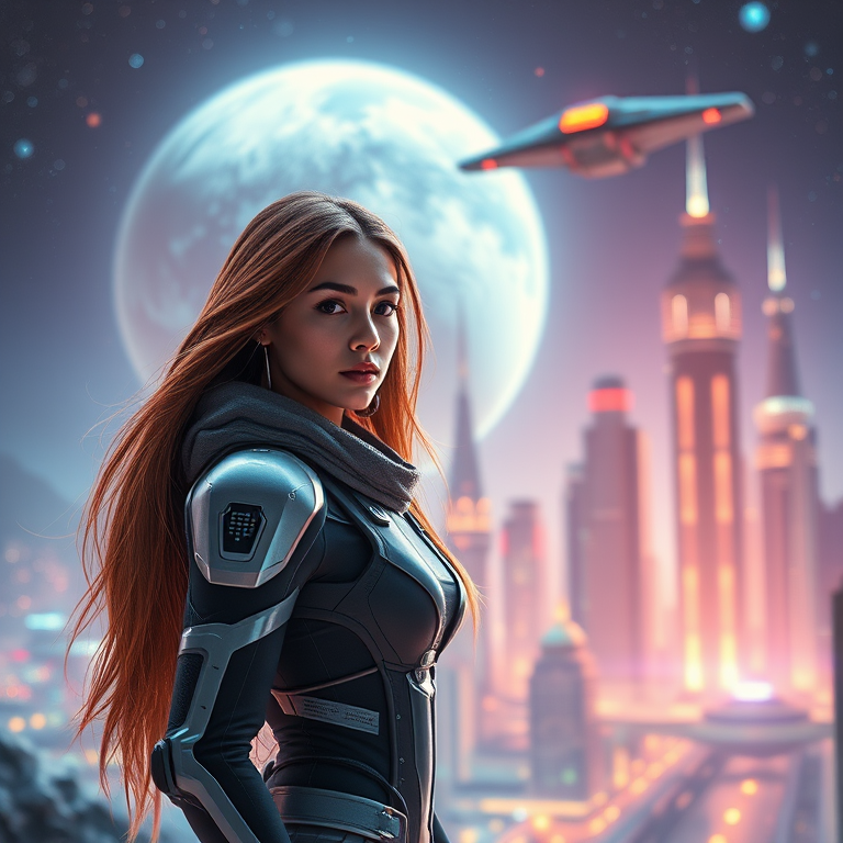 Create a futuristic scene featuring a young woman in a high-tech space suit with long hair, positioned against a backdrop of a glowing alien cityscape and a spaceship flying above, captured with a DSLR camera at f/2.8, 35mm lens, ISO 100, shot in soft focus with a vibrant color palette for enhanced visual impact.
