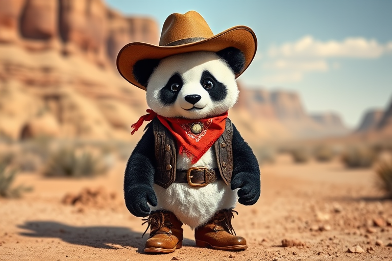 The image is a high-resolution photograph of a charming panda named Huahua, depicted standing in a rugged, dusty landscape reminiscent of the American Wild West. Huahua has her distinctive black and white fur, and she is dressed in classic cowboy attire, complete with a wide-brimmed hat, leather vest, bandana, and sturdy boots. The outfit is detailed with fringe and decorative stitching, giving Huahua an authentic Western look.