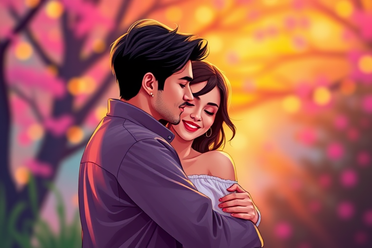Generate a vibrant illustration of a couple embracing, using a high-resolution digital art style with bright colors, set against a soft blurred background, captured with a Canon EOS R5, 50mm f/1.2 lens, aperture f/2.8, ISO 100 for enhanced detail and richness.