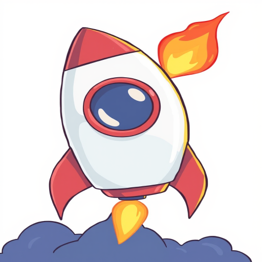 create a cartoon-style illustration of a rocket with a round window and flame exhaust on a white background, use a digital drawing style, camera settings f/8, ISO 100, 50mm lens, shot from a slight low angle to enhance perspective and detail