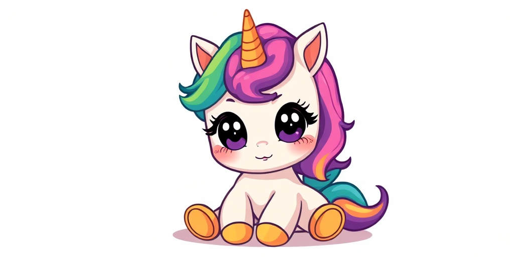 sticker design, white background, rainbow baby unicorn, cartoon figure, expressive big pupils, innocent expression, vibrant colors, very cute, long eyelashes, sitting on the ground, baby small body, baby head