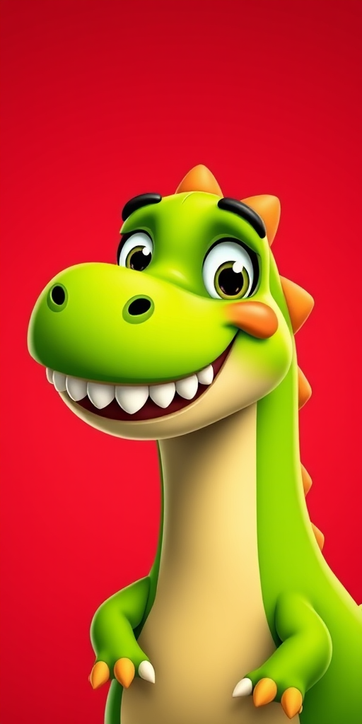 Generate a cartoon-style image of a cheerful green dinosaur with a big smile, set against a vibrant red background, using a Canon EOS R5 camera with an 85mm f/1.4 lens, aperture set to f/2.8, ISO 100, and a soft focus effect for enhanced image quality.