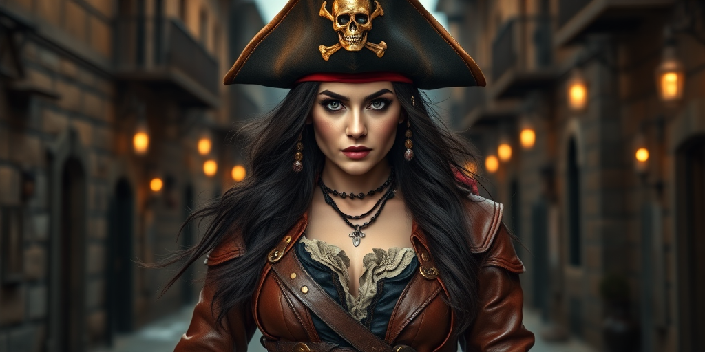 Create a portrait of a fierce female pirate. She wears a leather tricorn hat adorned with a skull and crossbones emblem, and her long, dark hair flows around her face. Her outfit consists of a richly detailed leather jacket, a corset, and multiple layers of belts and accessories, giving her a formidable and stylish appearance. She stands confidently in a dimly lit, historic port town, with a backdrop of weathered buildings and cobblestone streets, capturing the adventurous spirit of a pirate.