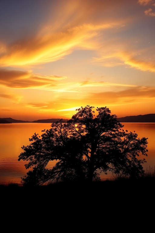 Sunset over a calm lake with a silhouetted tree in the foreground, vibrant orange and yellow hues in the sky, soft reflections on the water, captured with a DSLR camera at f/8 aperture, 1/100 sec shutter speed, ISO 100, wide-angle lens, HDR technique.
