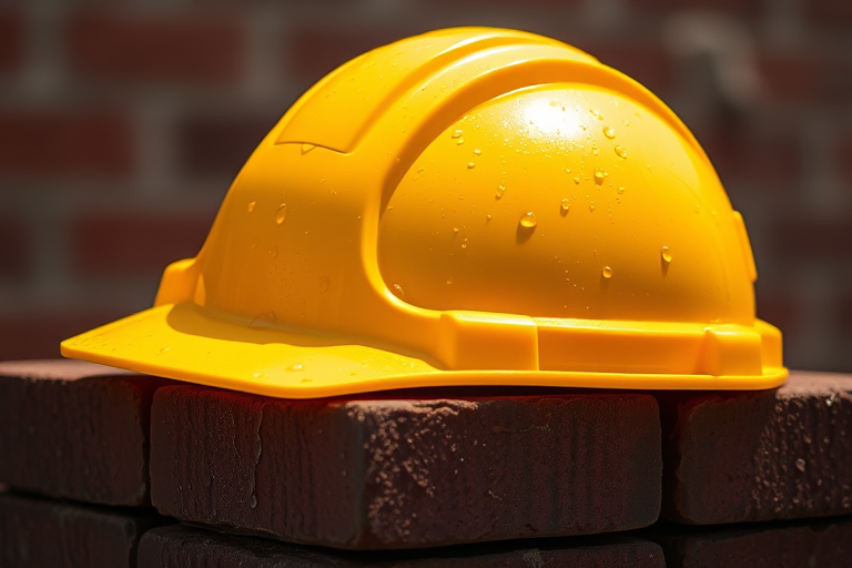 A close-up shot of a wet yellow hard hat resting on a stack of dark bricks, glistening in the sunlight with water droplets, taken with a DSLR camera, 50mm lens, f/2.8 aperture, ISO 100, natural lighting for enhanced image quality.