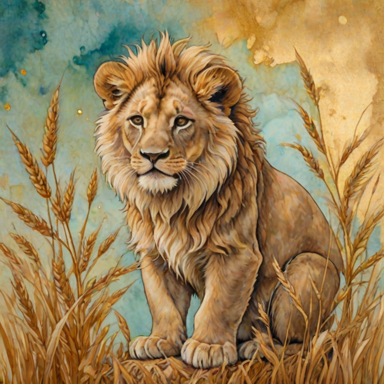 Soft, muted Alcohol Ink with ebru effect background image of tiny whimsical lion, who climbed high on the top of a golden rye ear.