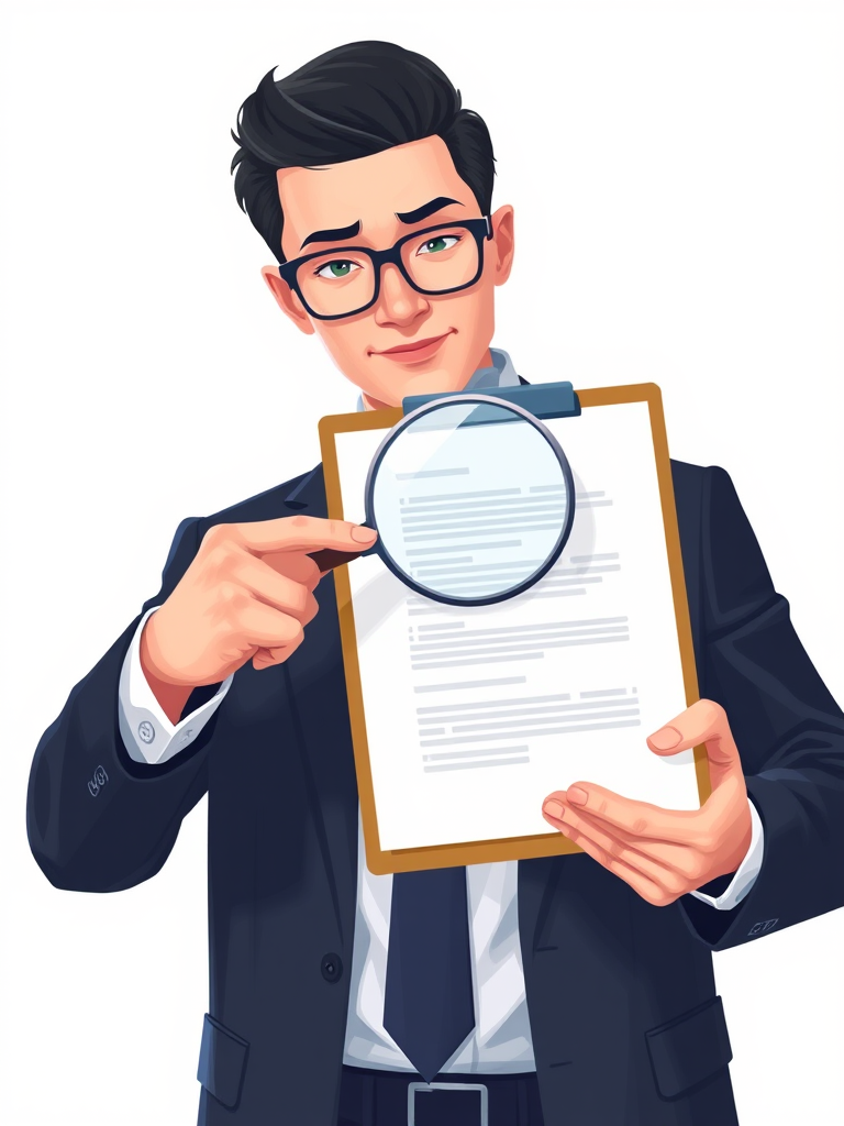 Create a digital illustration of a businessman in a suit pointing at a clipboard with a magnifying glass over the document, using a Canon EOS 5D Mark IV, aperture f/4, ISO 100, 50mm lens, soft lighting, and a clean background for enhanced clarity.