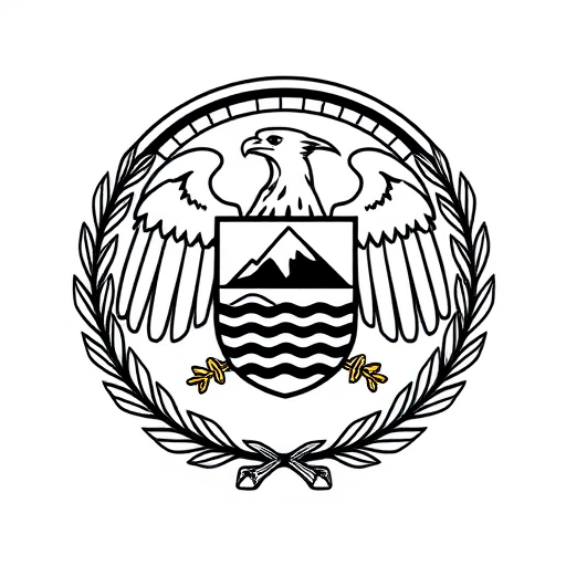 Create an image of a circular emblem featuring a stylized eagle, flanked by olive branches and a shield with a mountain and waves, using a high-resolution DSLR camera at f/8 aperture, 50mm lens, natural lighting, and a clear view against a white background.
