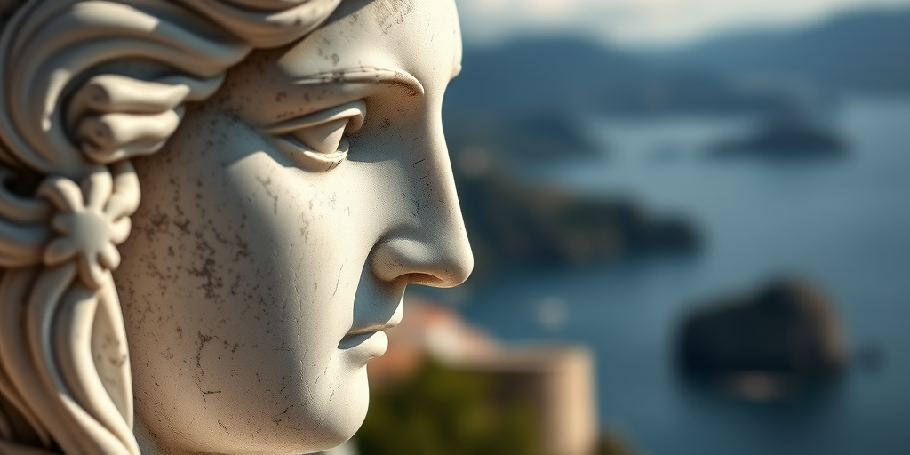 Close-up of a classical marble statue with intricate details, soft natural lighting, 85mm lens, f/1.8 aperture, ISO 100, shallow depth of field, captured with a full-frame DSLR, landscape background with mountains and a blurred sea.