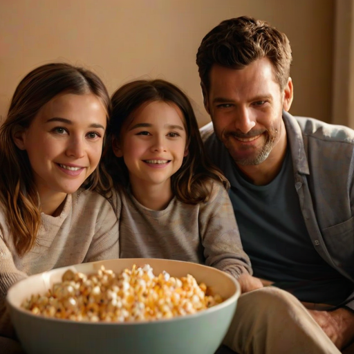 Warmly lit image of a family huddled together under blankets watching a movie, soft glow from the TV casting warm shadows on their faces, a bowl of popcorn in the center, and the feeling of comfort and connection.