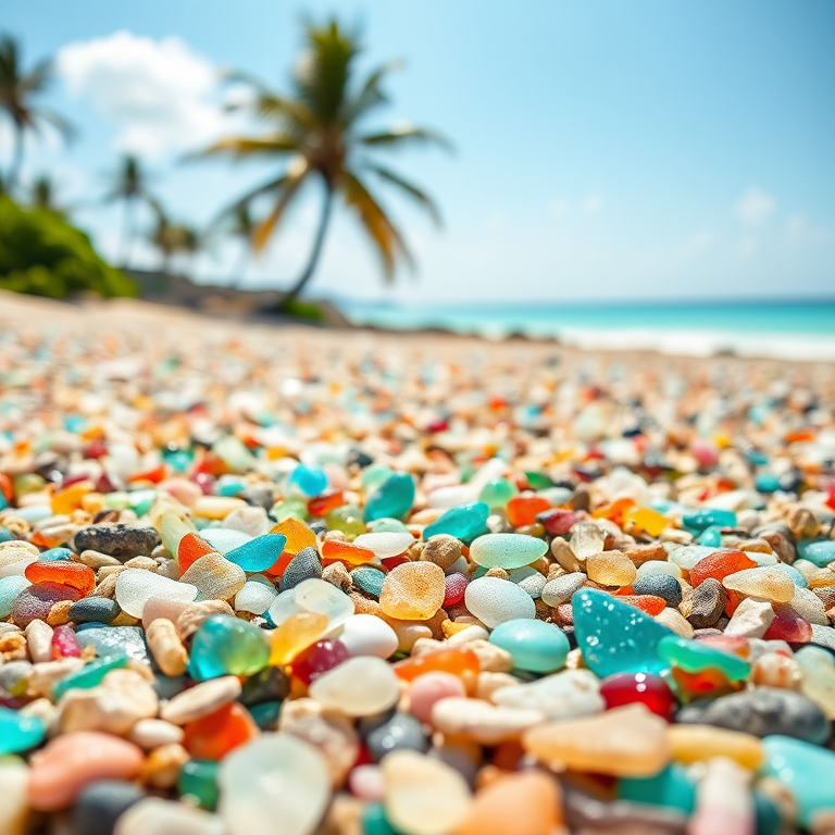 Generate an image of a beach covered in colorful sea glass, shot in bright sunlight with a shallow depth of field, using a DSLR camera at f/2.8, ISO 100, 24mm lens, with the perspective from ground level focusing on the foreground, capturing the turquoise water and palm trees in the background for an enhanced vibrant look.